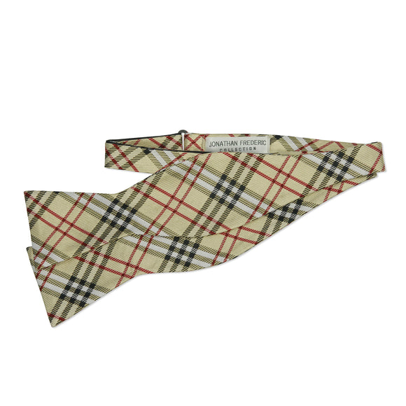 Jonathan Frederic Collection “Denny” Beige Plaid Silk Self Tie Bow Tie