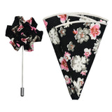 Silver, Black & Pink Floral Lapel Pin & Hanky Set