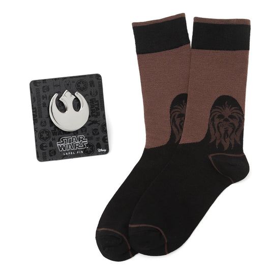 Star Wars Chewbacca Brown and Black Dress Socks and Rebel Alliance Starbird Crest Lapel Pin Gift Set