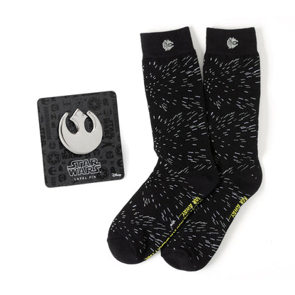 Star Wars Hyperspace Black Dress Socks and Rebel Crest Lapel Pin Gift Set