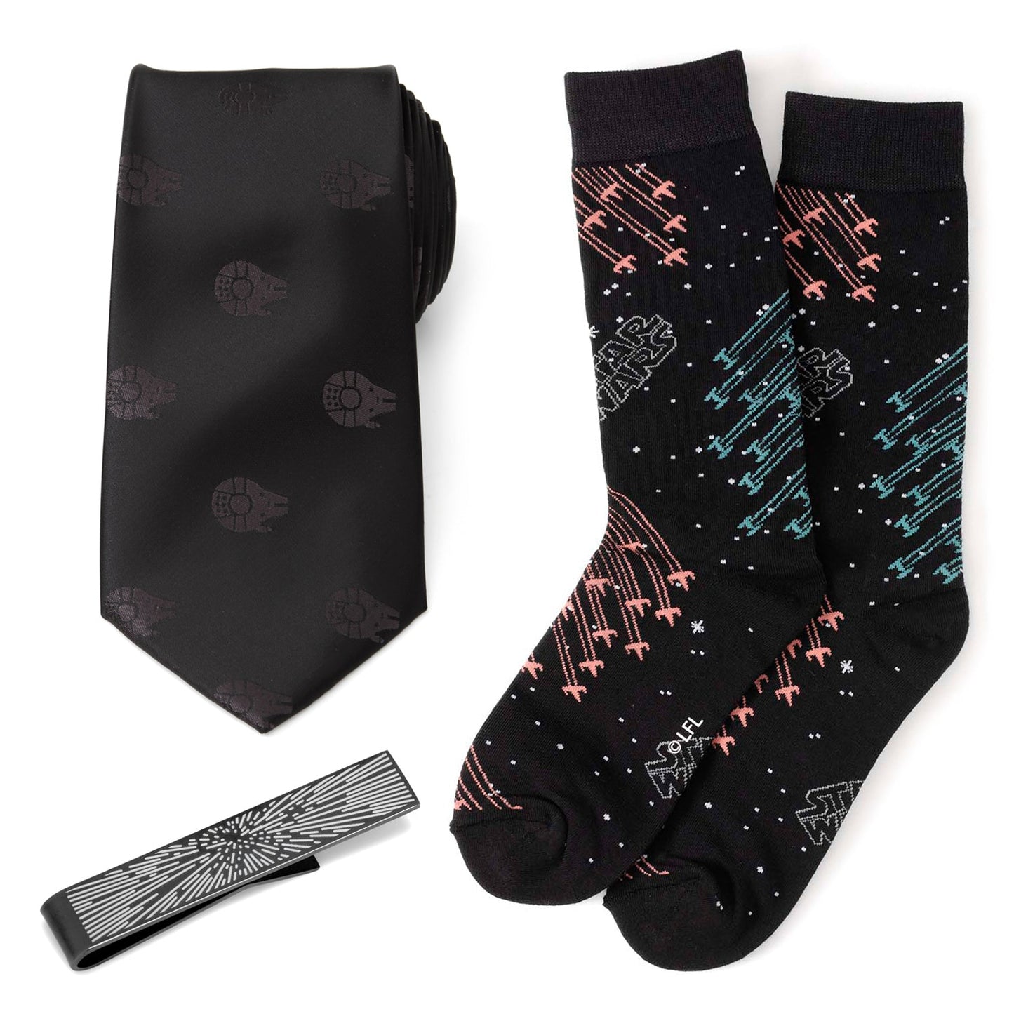 Star Wars Millennium Falcon Black Tie, X-Wing and Tie Fighter Battle Dress Socks, and Hyperspace Glow-in-the-Dark Tie Bar Gift Set