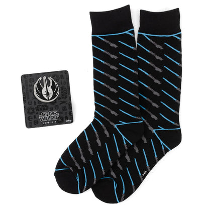 Star Wars Obi-Wan Kenobi Blue LIGHTSABER Pattern Black Dress Socks with Jedi Crest Lapel Pin Gift Set