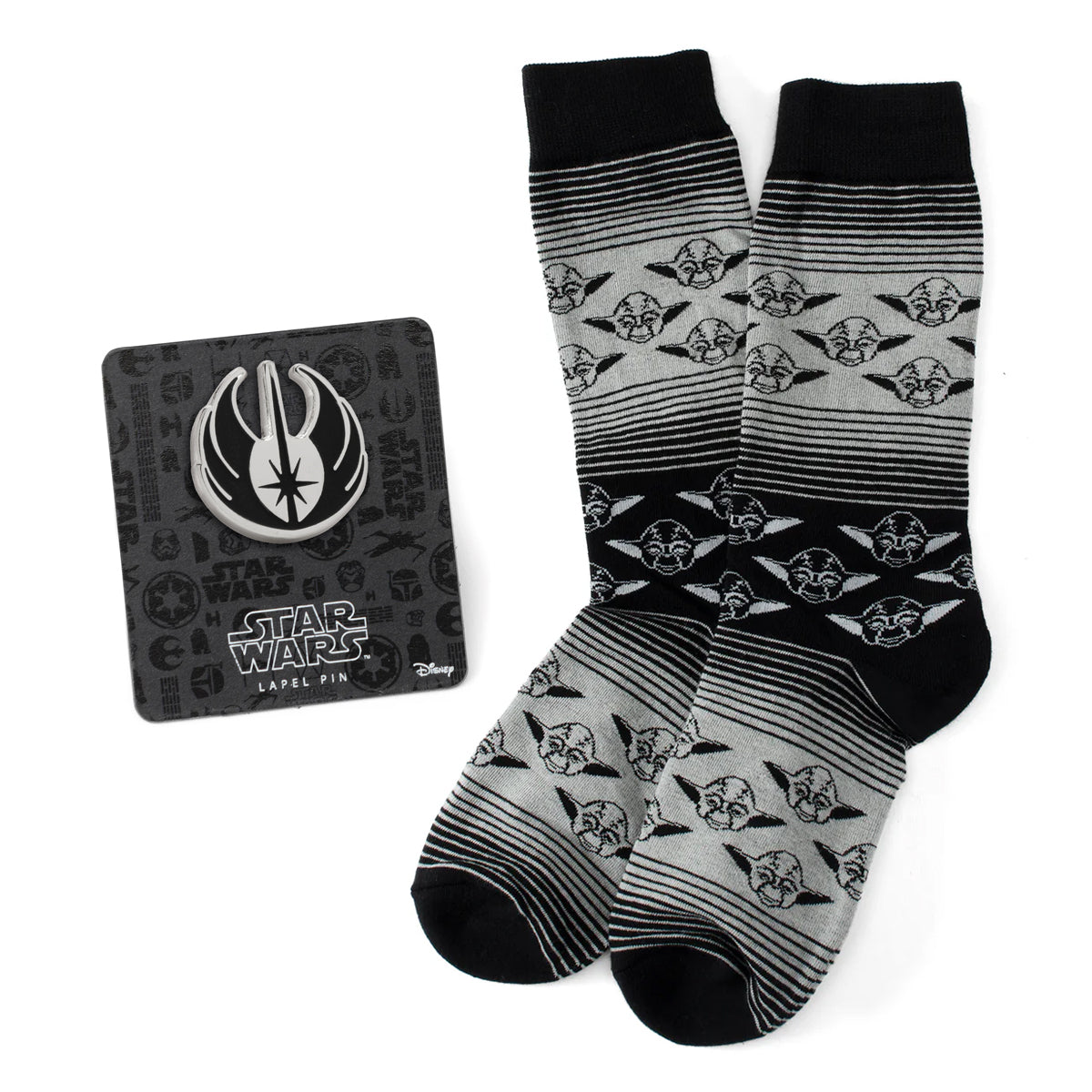 Star Wars Yoda Gray and Black Ombre Pattern Dress Socks with Jedi Crest Lapel Pin