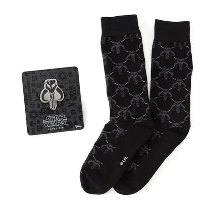 Star Wars Mandalorian Charcoal Gray Dress Socks and Mythosaur Lapel Pin Gift Set