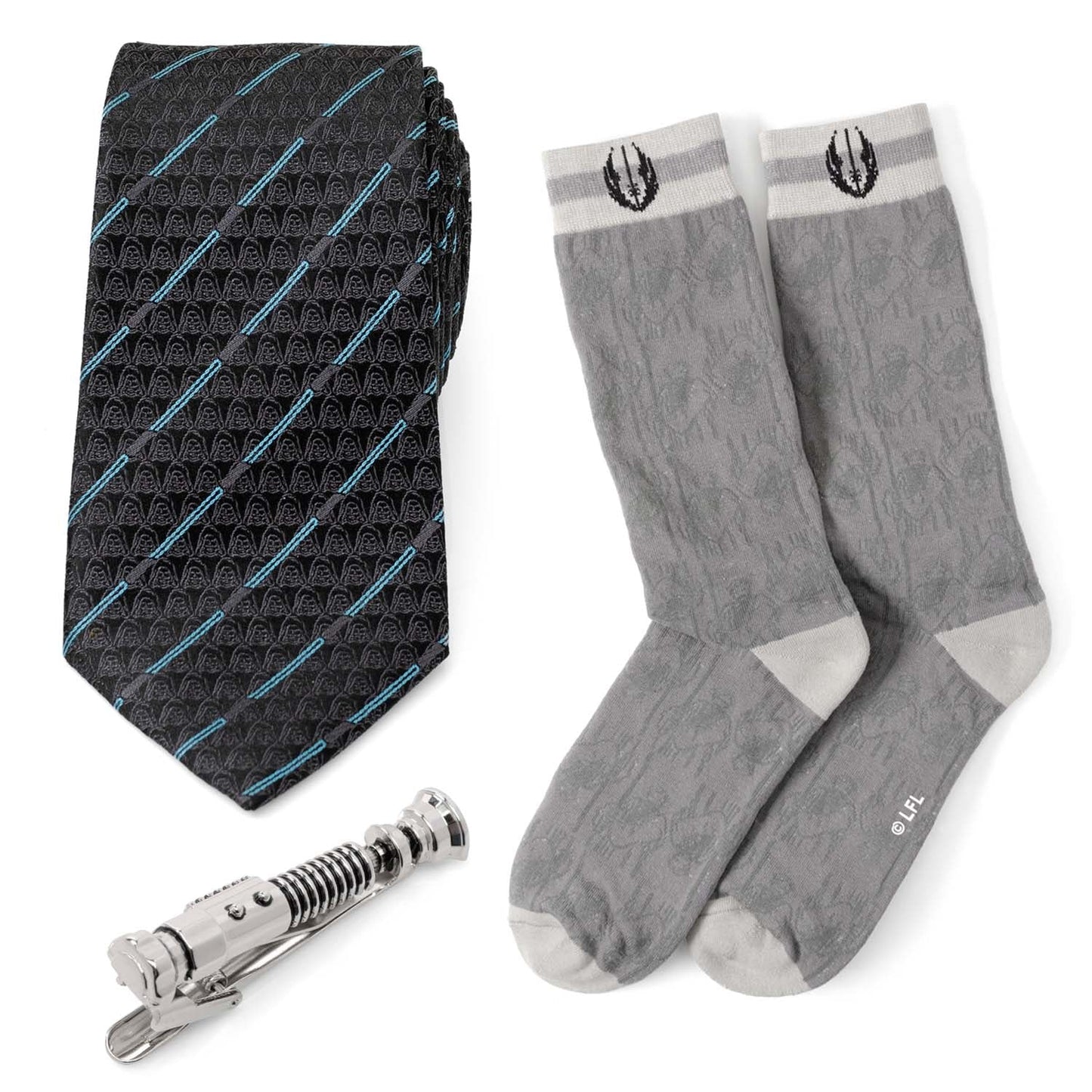 Star Wars Obi-Wan Kenobi Blue LIGHTSABER Pattern Black Tie, Tie Clip, and Gray Jedi Crest Dress Socks Gift Set