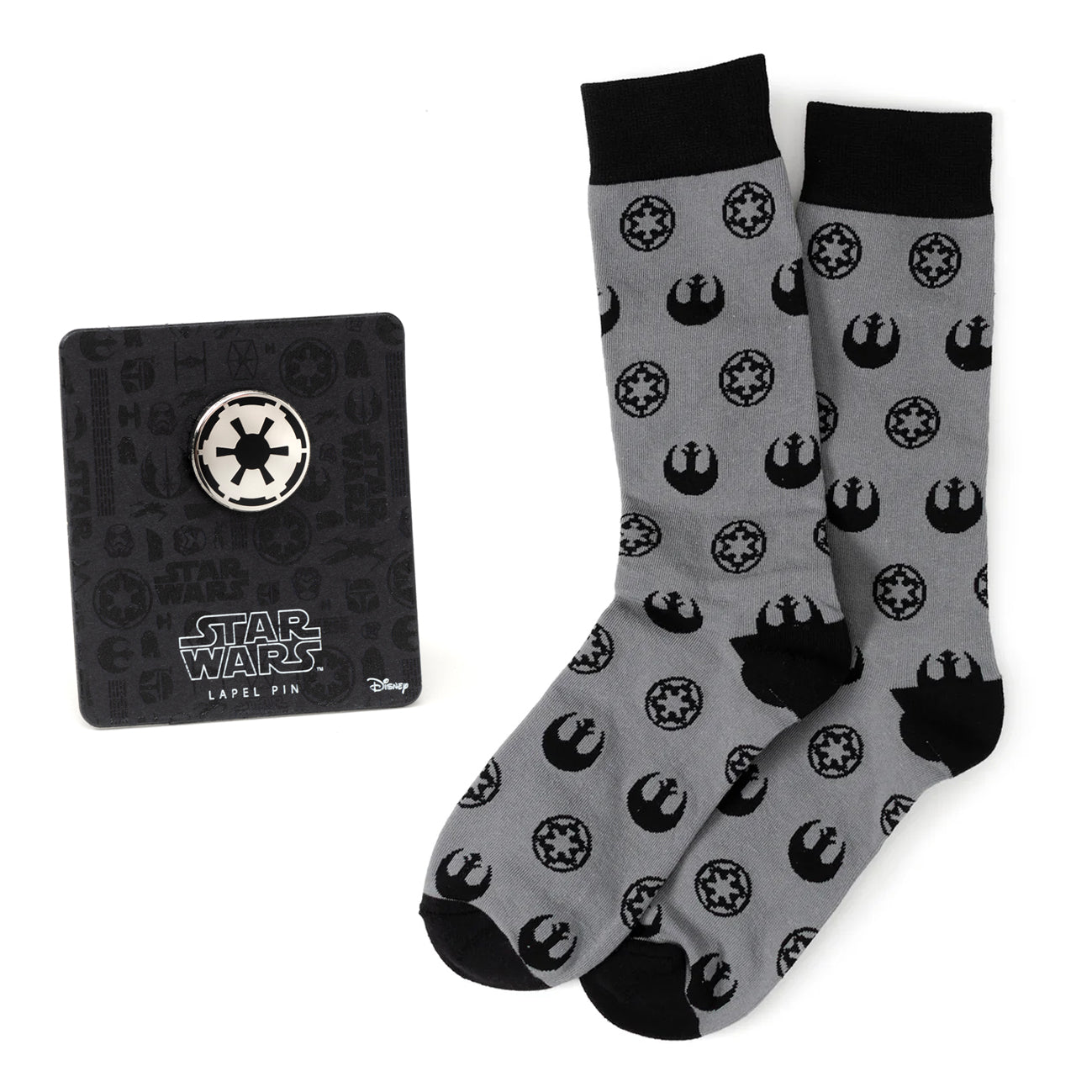 Star Wars Rebel Alliance Starbird Crest and Imperial Crest Gray Dress Socks and Lapel Pin Gift Set