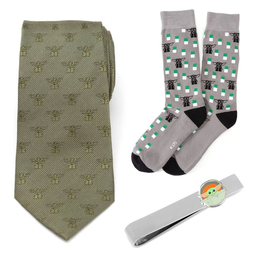 Star Wars Grogu Green Tie, Gray Dress Socks, and Tie Bar Gift Set