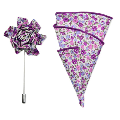 Plum, Lavender & Periwinkle Floral Lapel Pin & Hanky Set