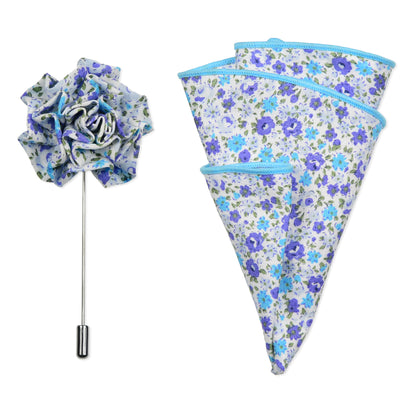 Light Blue & Purple Floral Lapel Pin & Hanky Set