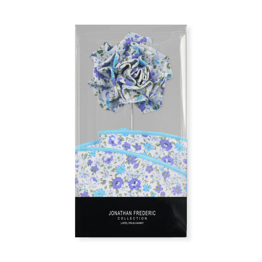 Light Blue & Purple Floral Lapel Pin & Hanky Set