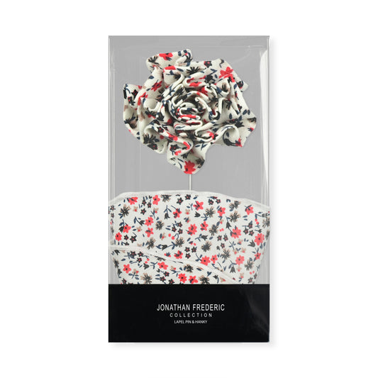 White & Red Floral Lapel Pin & Hanky Set