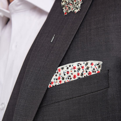 White & Red Floral Lapel Pin & Hanky Set