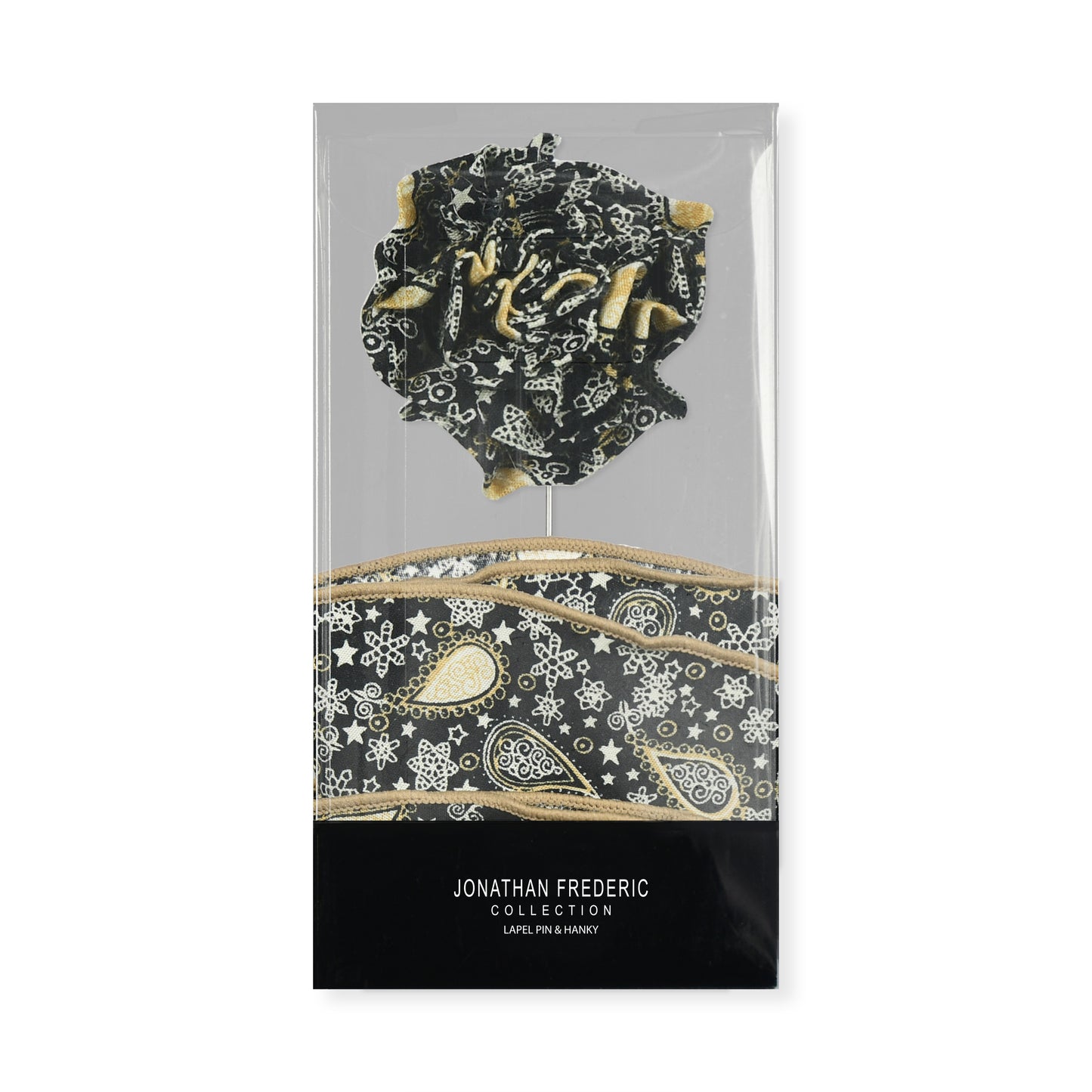 Black & Gold Paisley Lapel Pin & Hanky Set