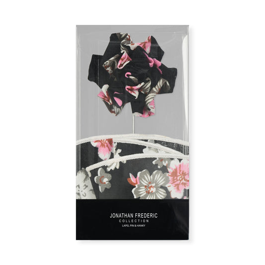 Silver, Black & Pink Floral Lapel Pin & Hanky Set