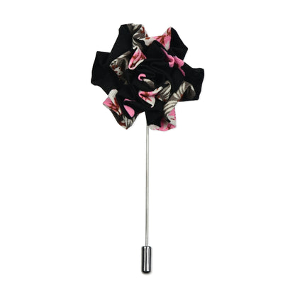 Silver, Black & Pink Floral Lapel Pin & Hanky Set